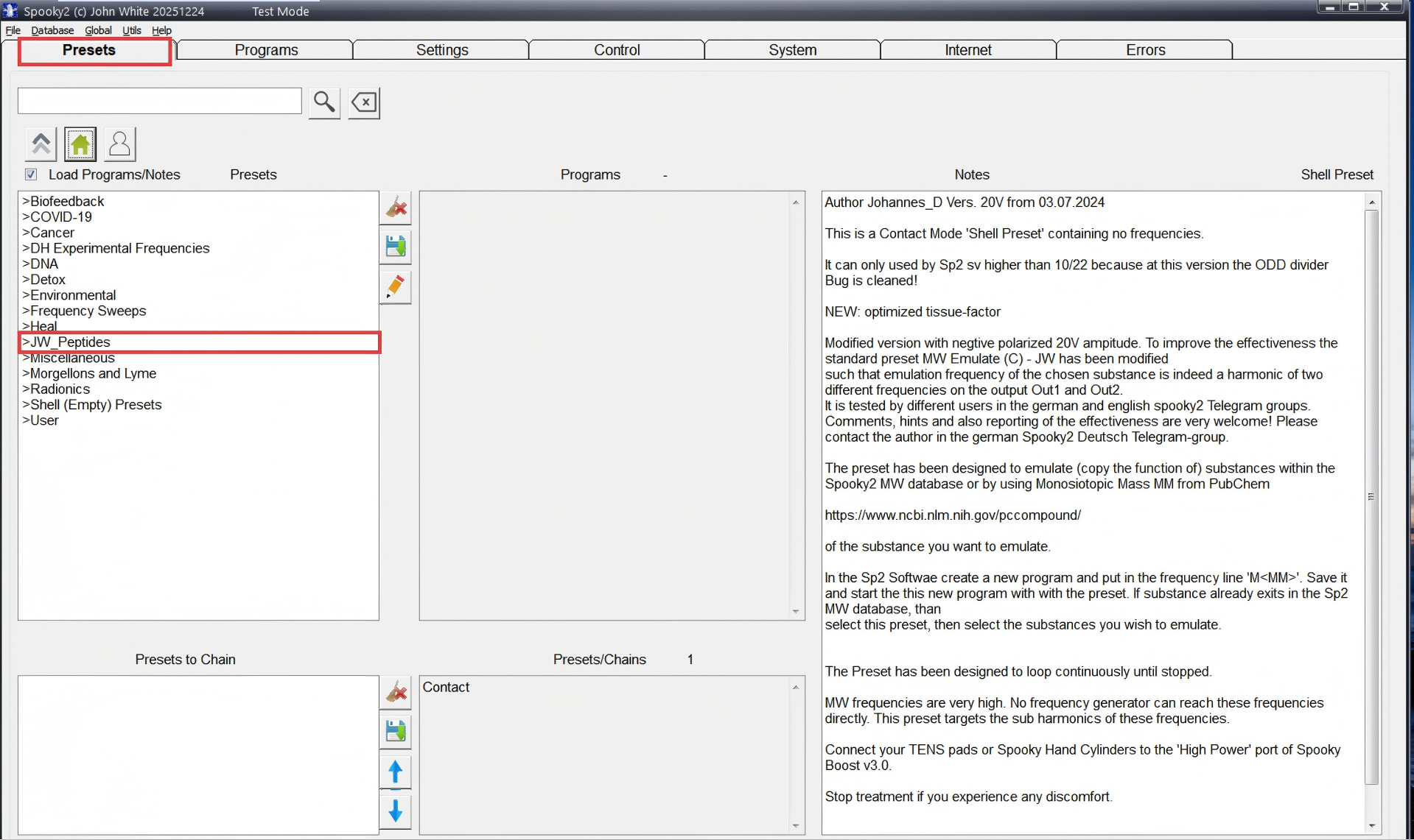JW_Peptides dans l'onglet PRESETS