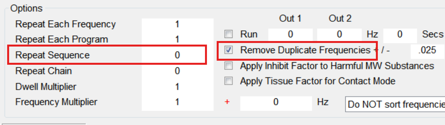 Réglages Repeat Sequence et Dwell Multiplier dans le logiciel Spooky2